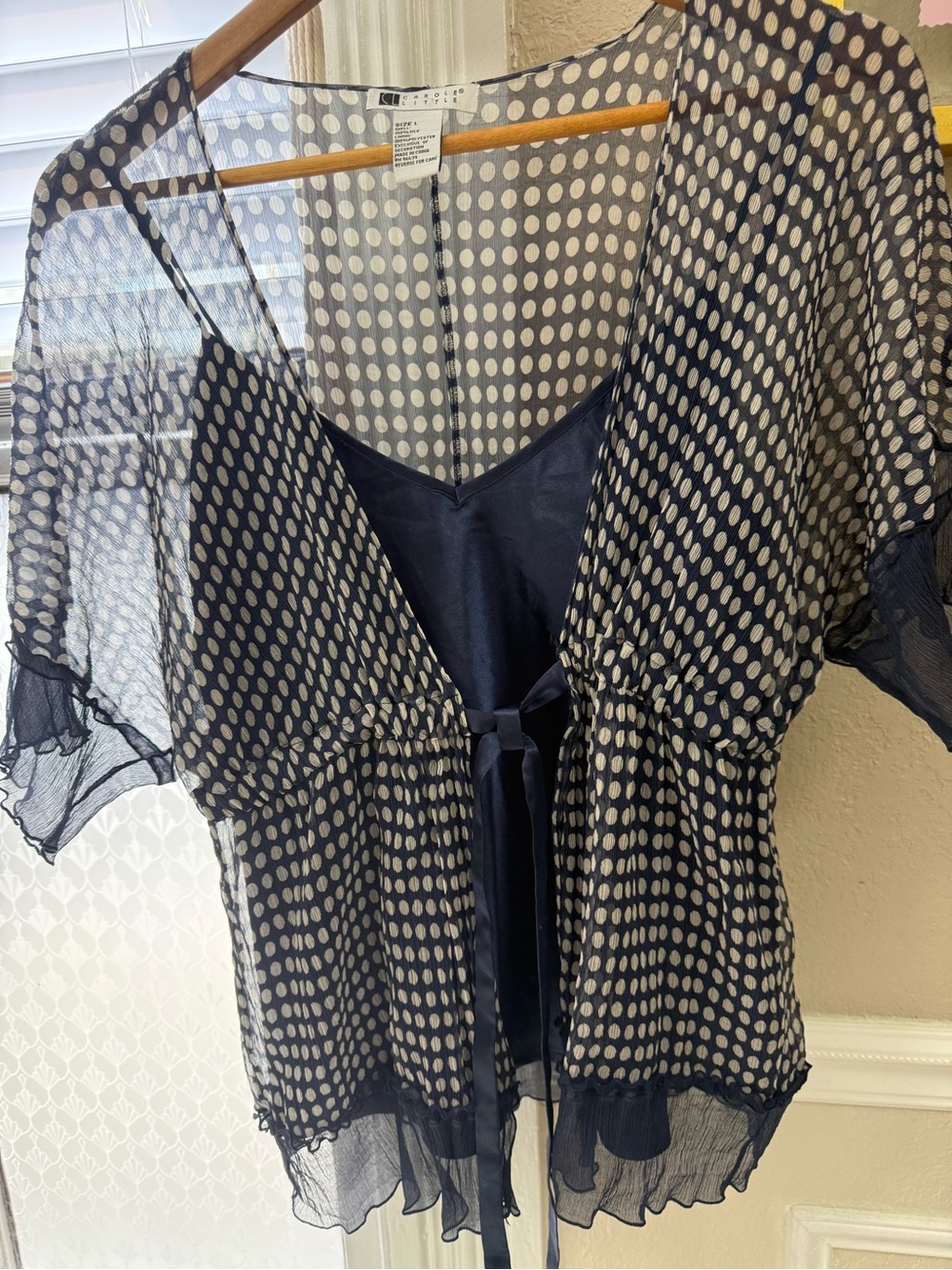 Carole Little Navy and White Polka Dot Tie-Front Sheer Top